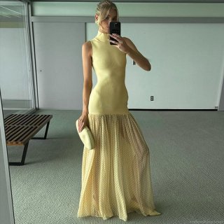 Women's Sleeveless Mock Neck Maxi Dress Polyester Ribbed Knit Splicing Polka Dot Mesh Spliced Long Dress For Party Vacation Sexy Elegant Lady