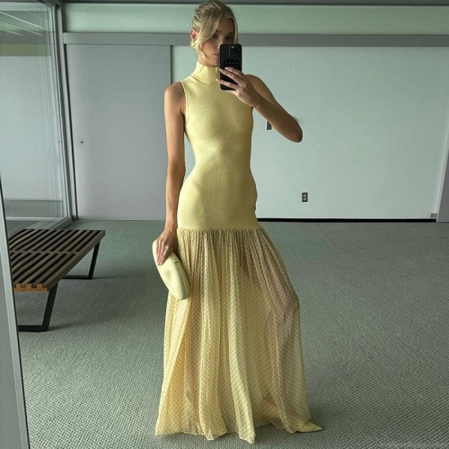 Women's Sleeveless Mock Neck Maxi Dress Polyester Ribbed Knit Splicing Polka Dot Mesh Spliced Long Dress For Party Vacation Sexy Elegant Lady