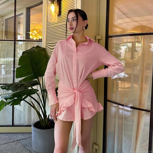 Elegant Light Pink Ruffle Long Sleeve Shirt Dress Women French Tie Waist Sexy Mini Dress Solid Color Polyester Spandex Slim Fit Autumn Fashion Dress