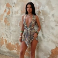 Women Sexy Deep V Neck Halter Backless Dress Bohemian Abstract Print Mesh Mini Dress Irregular Hem Sleeveless Vacation Beach Party Club Dress