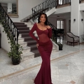 Women's Sexy Long Sleeve Evening Maxi Dress Sheer Mesh Patchwork Slim Fit Ruched Mermaid Gown For Wedding Party Elegant Burgundy Dress