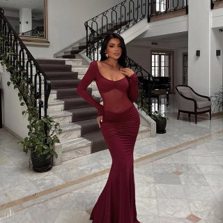 Women's Sexy Long Sleeve Evening Maxi Dress Sheer Mesh Patchwork Slim Fit Ruched Mermaid Gown For Wedding Party Elegant Burgundy Dress