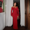 Sexy Off-the-Shoulder Lace Bodycon Maxi Dress For Women Elegant Long Sleeve Red Formal Party Evening Gown Made Of Polyester And Spandex