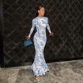 Women Sexy Floral Print Long Sleeve Mermaid Maxi Dress Polyester Spandex Mock Neck Bodycon Slim Fit Floor Length Elegant Evening Party Wedding Guest Gown