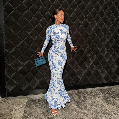 Women Sexy Floral Print Long Sleeve Mermaid Maxi Dress Polyester Spandex Mock Neck Bodycon Slim Fit Floor Length Elegant Evening Party Wedding Guest Gown
