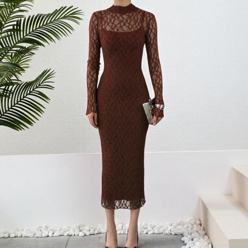 Sexy Lace Maxi Dress Women Two Piece Set Mesh Hollow Out Mock Neck Long Sleeve Bodycon Dress With Slip Lining Party Clubwear Evening Gown