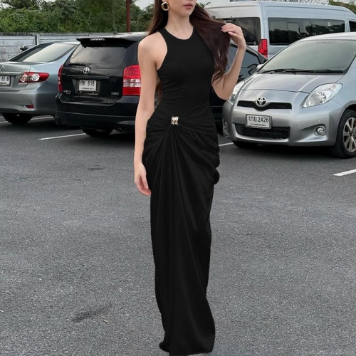 Women's Sexy Black Satin Patchwork Sleeveless Maxi Dress With Gold Metal Buckle Ruched High Waist A-Line Long Dress For Party Club Evening Streetwear