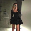 Women's Elegant Square Neck Long Sleeve Mini Dress Spliced Cotton Polyester Bubble Hem Black Sexy Party Evening Dress For Ladies