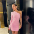 Women's Sexy Pink One Shoulder Ruched Bodycon Mini Dress Polyester Spandex Blend Backless Long Sleeve Party Club Night Outfits