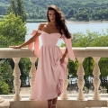 Women's Elegant Off-Shoulder Pink Satin Midi Dress With Large Shoulder Bows Sexy Backless Bodycon Party Wedding Guest Evening Gown