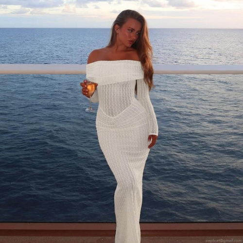 Sexy Off-Shoulder Maxi Dress For Women Textured Polyester Spandex Long Sleeve Slim Fit Hollow Out Crochet Evening Gown Party Vacation Dress