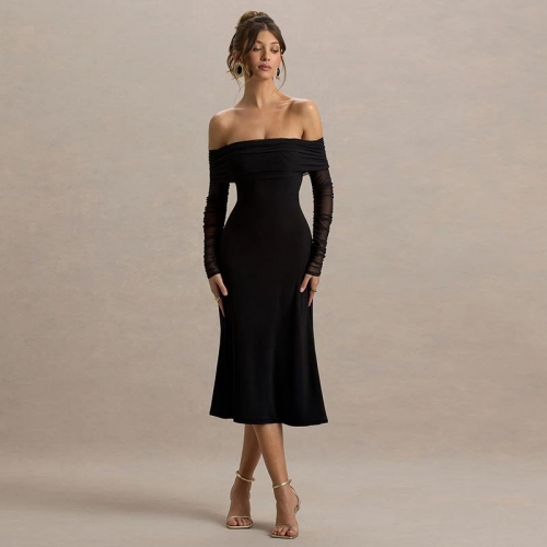 Women Off-Shoulder Long Sleeve Mesh Patchwork Midi Dress Backless Ruched Sheer Sleeve Bodycon Sexy Party Evening Club Dress Polyester Spandex Outfit