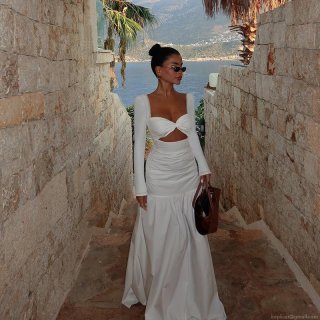 Women Sexy Hollow Out Maxi Dress Long Sleeve Pleated Bodycon Evening Gown For Vacation Beach Party Western Style Elegant Polyester Spandex Dress