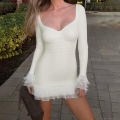 Sexy Bodycon Mini Dress For Women Long Sleeve Ruffle Mesh Patchwork Heart Neckline Crinkled Texture Elegant Sweet Party Clubwear Fall Spring Ivory White