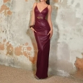 Sexy Burgundy PU Leather Maxi Dress Women Deep V Neck High Split Evening Party Gown Bodycon High Waist Dress With Metal Buckle Decoration