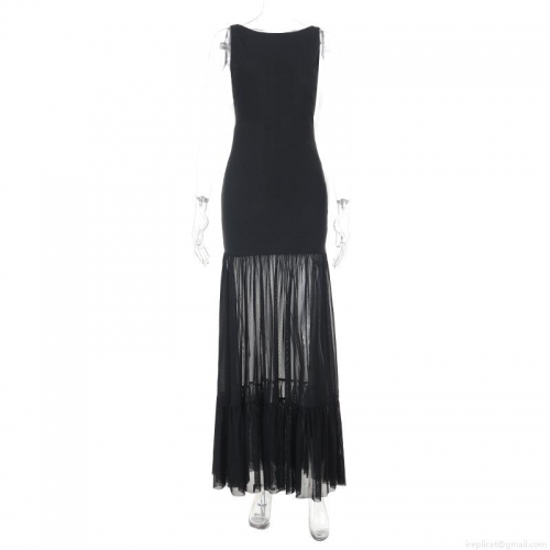 Women's Sexy Backless Tie-Up Maxi Dress Sleeveless Mesh Patchwork Long Dress Elegant Bodycon Streetwear Summer Nightclub Party Gown