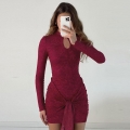 Sexy Wine Red Lace Long Sleeve Mini Dress With Cutout Neck And Waist Twist Knot Bodycon Party Dresses For Women