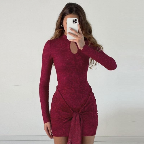 Sexy Wine Red Lace Long Sleeve Mini Dress With Cutout Neck And Waist Twist Knot Bodycon Party Dresses For Women