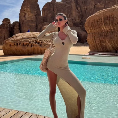 Women Sexy Ribbed Knit Maxi Dress Hollow Out V Neck Flare Sleeve High Slit Bodycon Slim Fit Long Dress For Holiday Vacation Club Party Streetwear