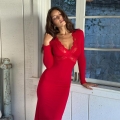 Women Sexy Red Long Sleeve V Neck Lace Patchwork Bodycon Maxi Dress Elegant Evening Party High Waist Slim Fit Mermaid Gown