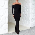 Sexy Off-The-Shoulder Backless Slim Fit Maxi Dress Elegant Long Sleeve Solid Color High Waist Knitted Polyester Spandex Bodycon Long Dress For Evening Party Clubwear