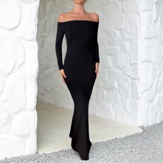 Sexy Off-The-Shoulder Backless Slim Fit Maxi Dress Elegant Long Sleeve Solid Color High Waist Knitted Polyester Spandex Bodycon Long Dress For Evening Party Clubwear