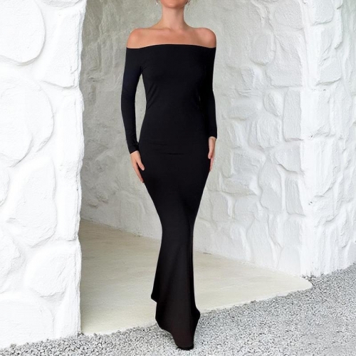 Sexy Off-The-Shoulder Backless Slim Fit Maxi Dress Elegant Long Sleeve Solid Color High Waist Knitted Polyester Spandex Bodycon Long Dress For Evening Party Clubwear