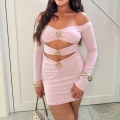 Sexy Off-Shoulder Pink Mini Dress Ruched Cut-Out Bodycon Dress With Gold Metal Flower Buttons Long Sleeve Polyester Spandex Party Dress For Women
