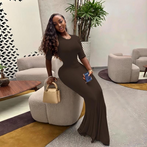 Women's Long Sleeve Maxi Dress Polyester Spandex Bodycon Fishtail Hem Solid Color Elegant Evening Party Chic Sexy Slim Fit Dress