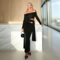 Sexy Women Off Shoulder Cut Out Long Sleeve Maxi Dress Ruched Bodycon High Waist Solid Color Patchwork Evening Party Club Long Dress