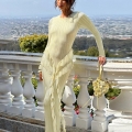 Women's Sexy Pale Yellow Ribbed Knit Maxi Dress Long Sleeve Slim Fit Ruffle Hem Bodycon Long Dresses For Elegant Party Vacation Daily Wear