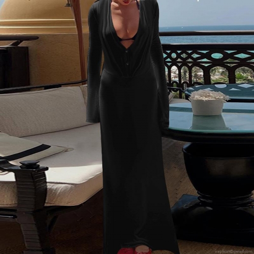 Women's Sexy Deep V Neck See-Through Mesh Long Sleeve Maxi Dress Solid Color High Waist Slim Fit Party Club Evening Dress Made Of Polyester Spandex