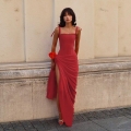 Sexy Red High Slit Maxi Dress Women Elegant Corset Waist Strappy Backless Ruched Evening Gown For Wedding Party Banquet Lady Clubwear