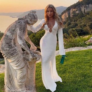 Women Sexy Deep V-Neck Backless Long Sleeve Maxi Dress With Metal Ring White Polyester Spandex Slim Fit High Slit Vacation Beach Party Dresses
