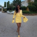 Sexy Deep V Neck Ruched Mini Dress Yellow Polyester Spandex Long Flare Sleeve Slim Fit Party Clubwear Evening Outfits for Women
