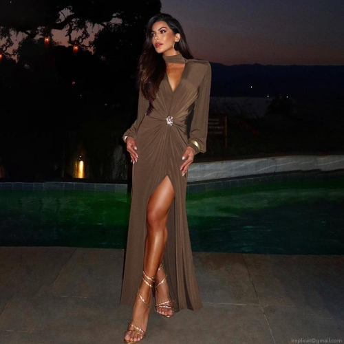 Sexy Deep V Neck High Slit Maxi Dress Women Long Sleeve Halter Bodycon Brown Long Dress With Metal Buckle Polyester Spandex Evening Party Vacation Slim Fit Dress