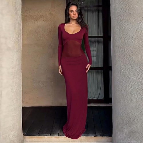 Women's Elegant Mesh Splicing Ruched Maxi Dress Sexy Bodycon Long Sleeve Floor Length Socialite Evening Gown For Party Club Wedding