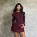 Women's Elegant 3D Rose Flower Patchwork Long Sleeve Bodycon Mini Dress Burgundy Sexy High Waist Short Dress for Party Clubwear