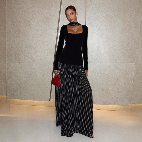 Elegant Women's Velvet Patchwork Polka Dot Maxi Dress Square Neck Long Sleeve A-Line Evening Party Floor Length Dress Vintage French Style