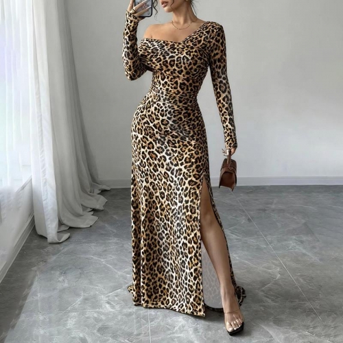 Women Sexy Leopard Print Maxi Dress Long Sleeve Off Shoulder High Slit Bodycon Dress For Party Club Night Out Autumn Elegant Slim Fit Gown