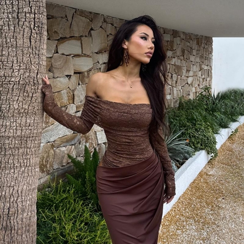 Sexy Brown Off-Shoulder Lace Patchwork Maxi Dress Elegant Slim Fit Bodycon Long Evening Party Dress For Women Streetwear Style