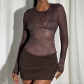 Sexy Women's Brown Lace Patchwork Bodycon Mini Dress Long Sleeve Round Neck Ruched Slim Fit Romantic Splicing Short Dress For Night Club Party