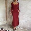 Women Sexy Sweetheart Neck Long Sleeve Bodycon Maxi Dress Corset Waist Fishbone Knitted Solid Color Party Club Slim Fit Evening Long Dress