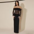 Women Sexy Off Shoulder Lace Patchwork Maxi Dress Slim Fit High Slit Long Sleeve Perspective Black Evening Party Gown