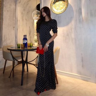 Sexy Women Backless Polka Dot Maxi Dress Long Sleeve Round Neck Mermaid Hem Polyester Spandex Slim Fit Bodycon Dress For Evening Party Clubwear