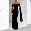 Women's Elegant Off-Shoulder Bodycon Maxi Dress Sexy Side Slit Ribbon Evening Party Gown Knit Polyester Spandex Slim Fit Prom Long Dresses