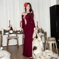 Women's Sexy Wine Red Long Sleeve Fishtail Maxi Dress Retro French Hollow Out Lace-up V-Neck Bodycon Evening Party Dress With 3D Rose Flower Detail
