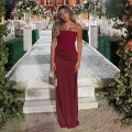 Women's Elegant Wine Red Off the Shoulder Satin Evening Gown Slim Fit Pleated Maxi Dress For Party Wedding Formal Occasions