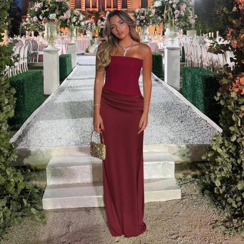 Women's Elegant Wine Red Off the Shoulder Satin Evening Gown Slim Fit Pleated Maxi Dress For Party Wedding Formal Occasions