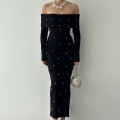 Women's Elegant Off-Shoulder Knit Maxi Dress With Pearl Decoration Long Sleeve Bodycon Party Evening Dress For Ladies Sexy Slim Fit Knitted Gown